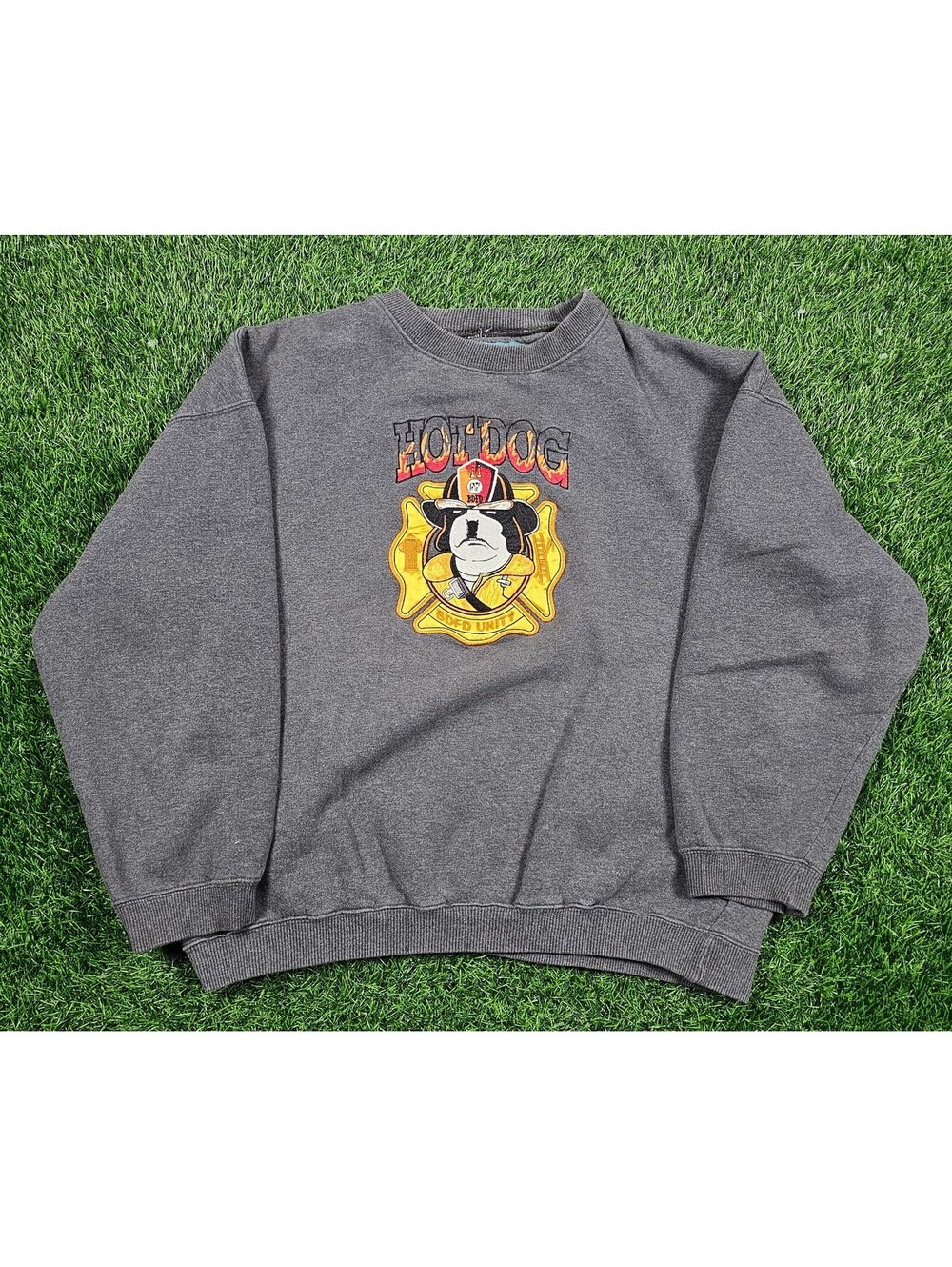 Big Dogs Gray Pullover Sweatshirt Hot Dog Firefighter Patch Graphic Size Medium
